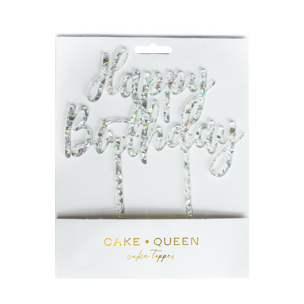 Happy Birthday Cake Topper - Silver Glitter Party Decoration, 6.2x6.6 Inches, With Food Safe Wood Stick